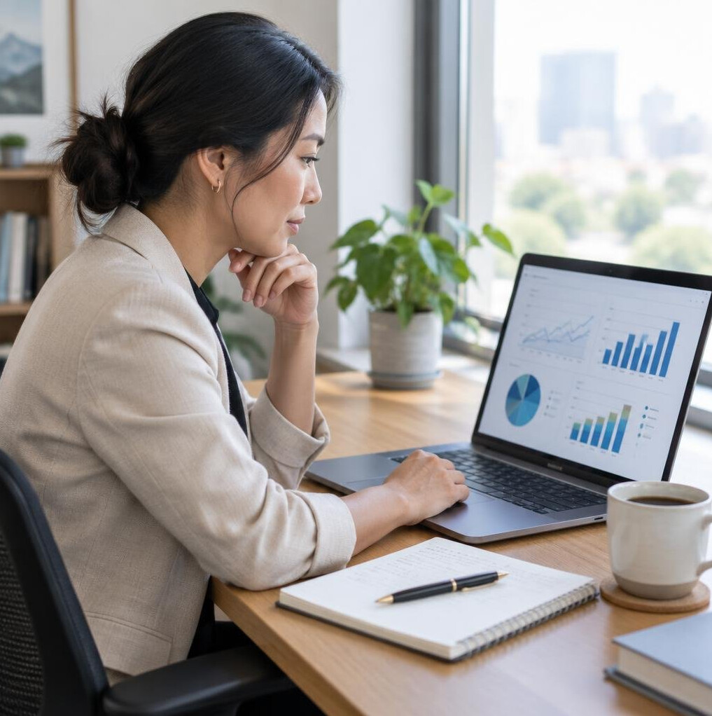 Woman analyzing change impact data on a laptop