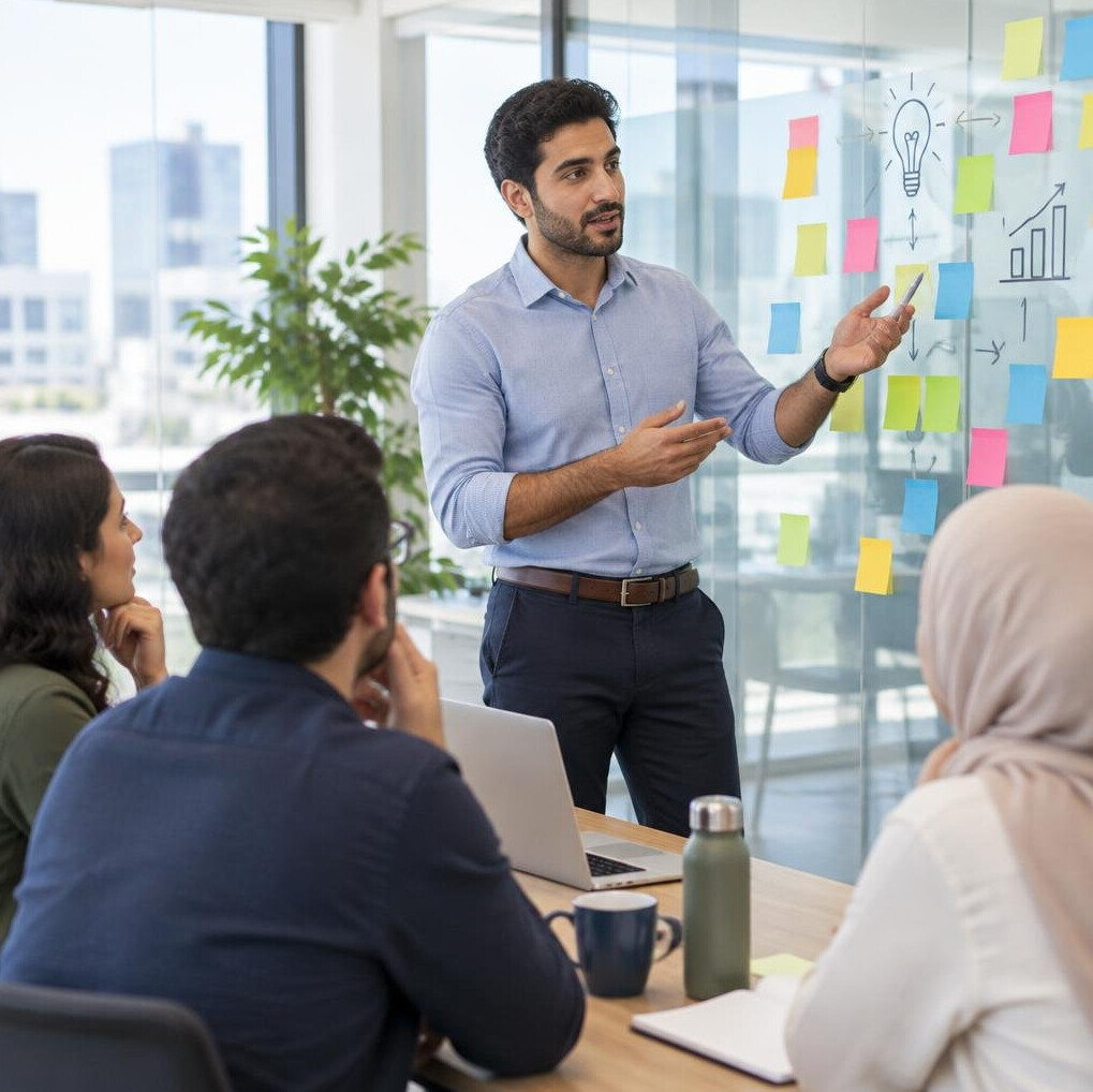 Facilitator leading a workshop with sticky notes on a glass wall