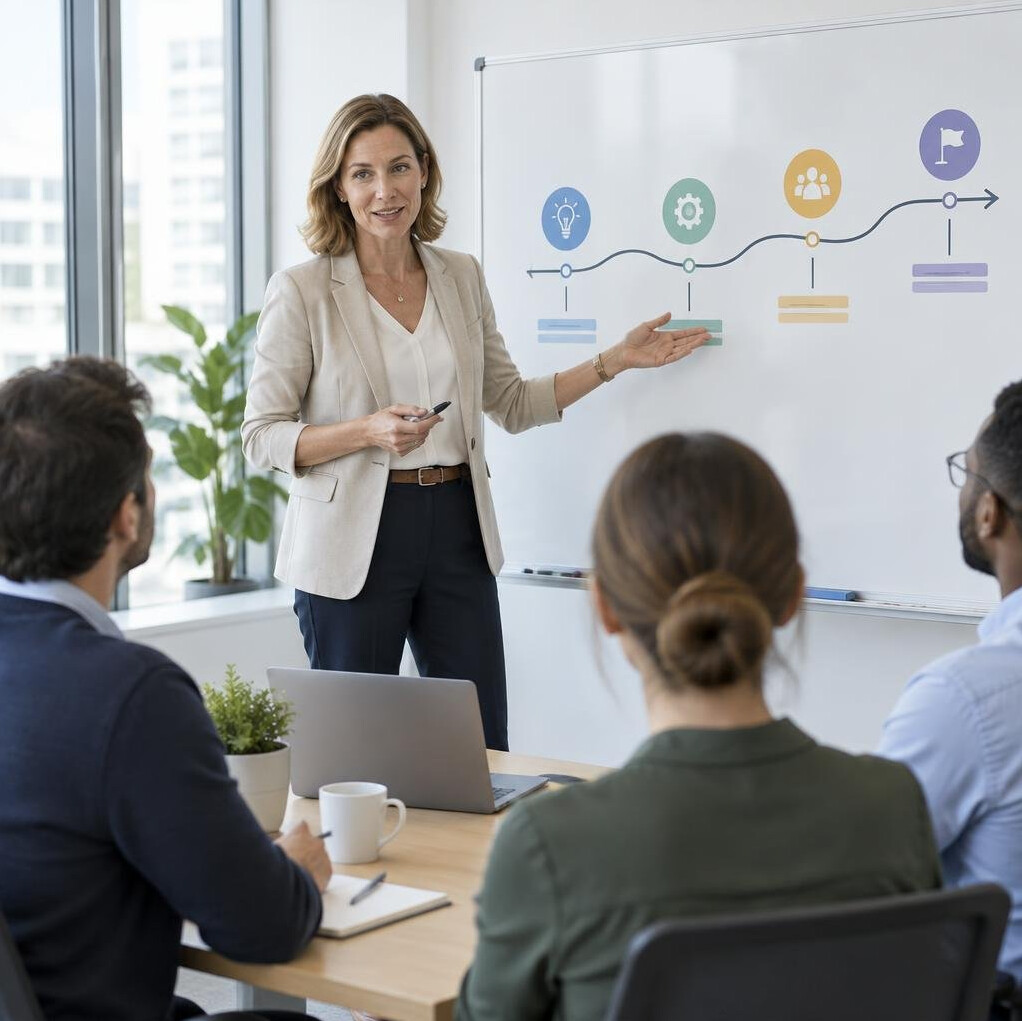 Woman leader presenting a change roadmap to her team