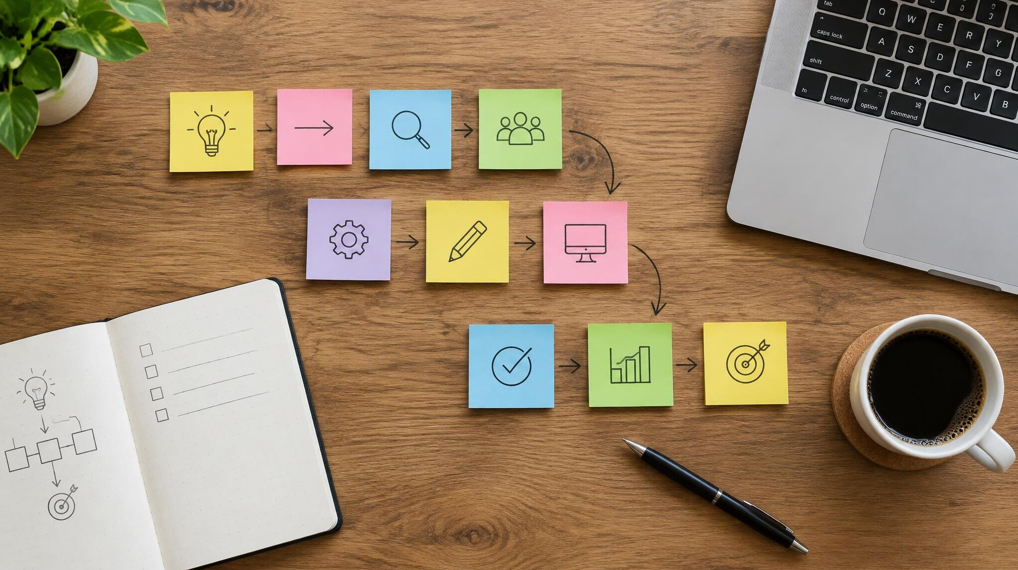 Flat lay of sticky notes, notebooks and a laptop mapping a project roadmap