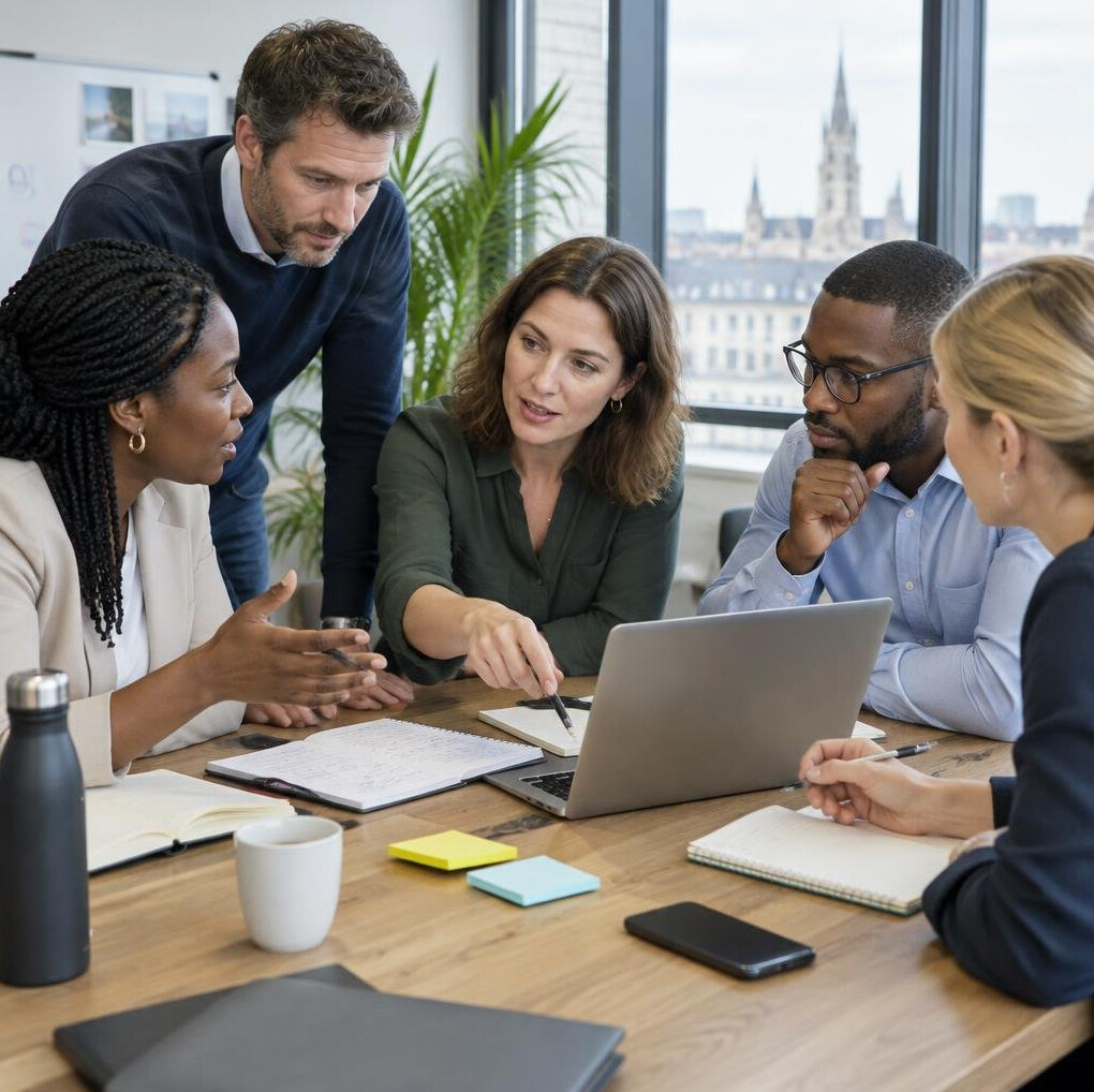 Diverse group of professionals discussing organizational change around a meeting table
