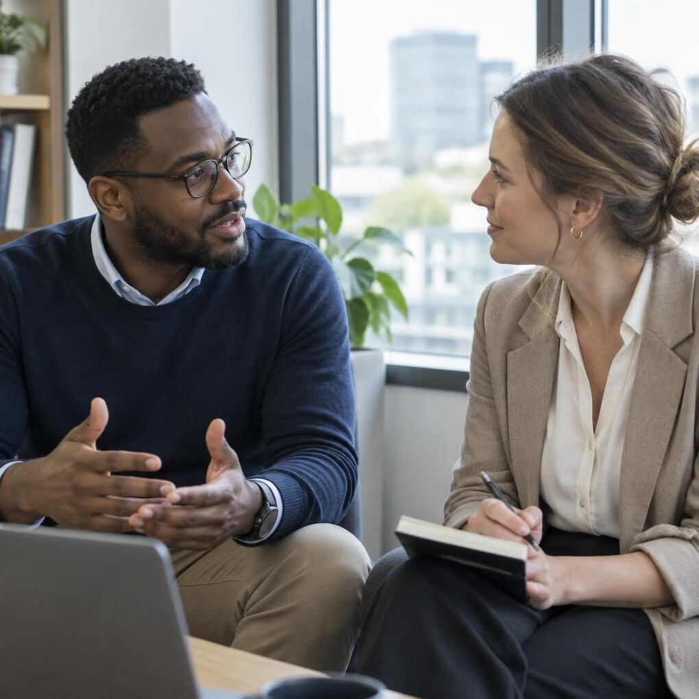 Two colleagues having a conversation about workplace communication